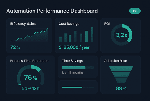AI automation dashboard showing implementation results and team training progress for Vaud businesses
