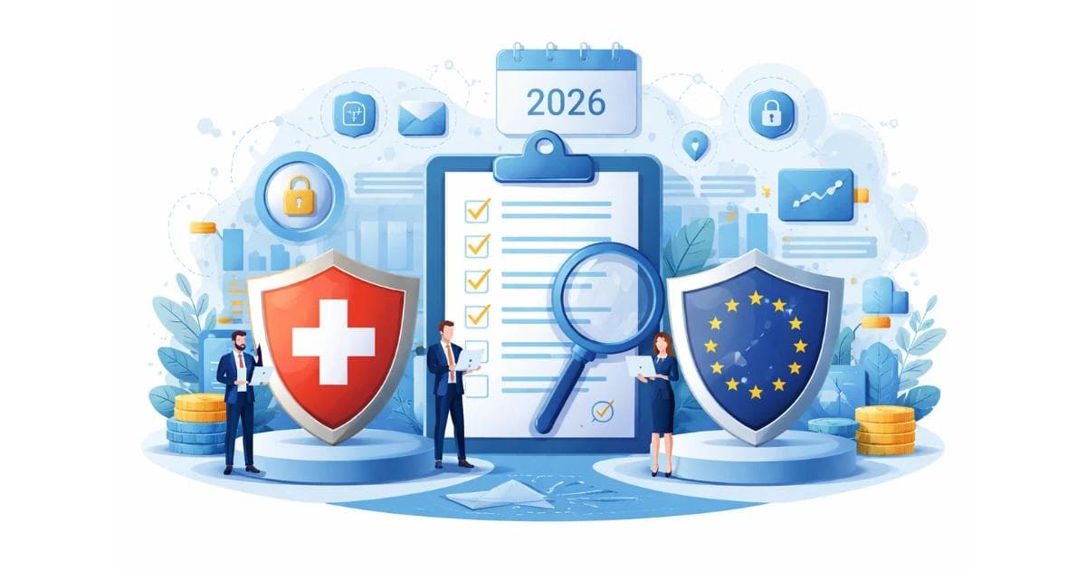 Illustration technique comparant la nLPD suisse et le RGPD européen en 2026 pour les PME romandes, avec symboles de protection des données, conformité légale, checklist de conformité, sécurité informatique et gouvernance des données